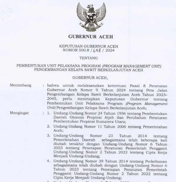 Aceh Governor Establishes Sustainable Palm Oil Program Management Unit (PMU)