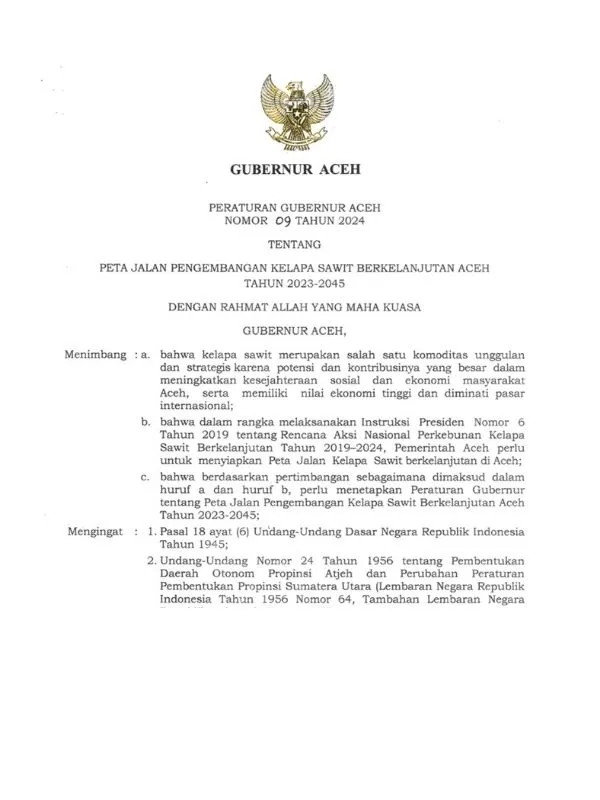 Aceh Governor's Regulation Document: Roadmap for Sustainable Palm Oil Development