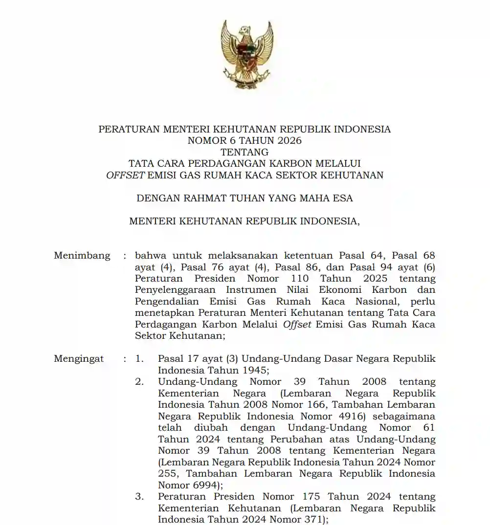 Cover Permenhut 6 2026 Perdagangan Karbon