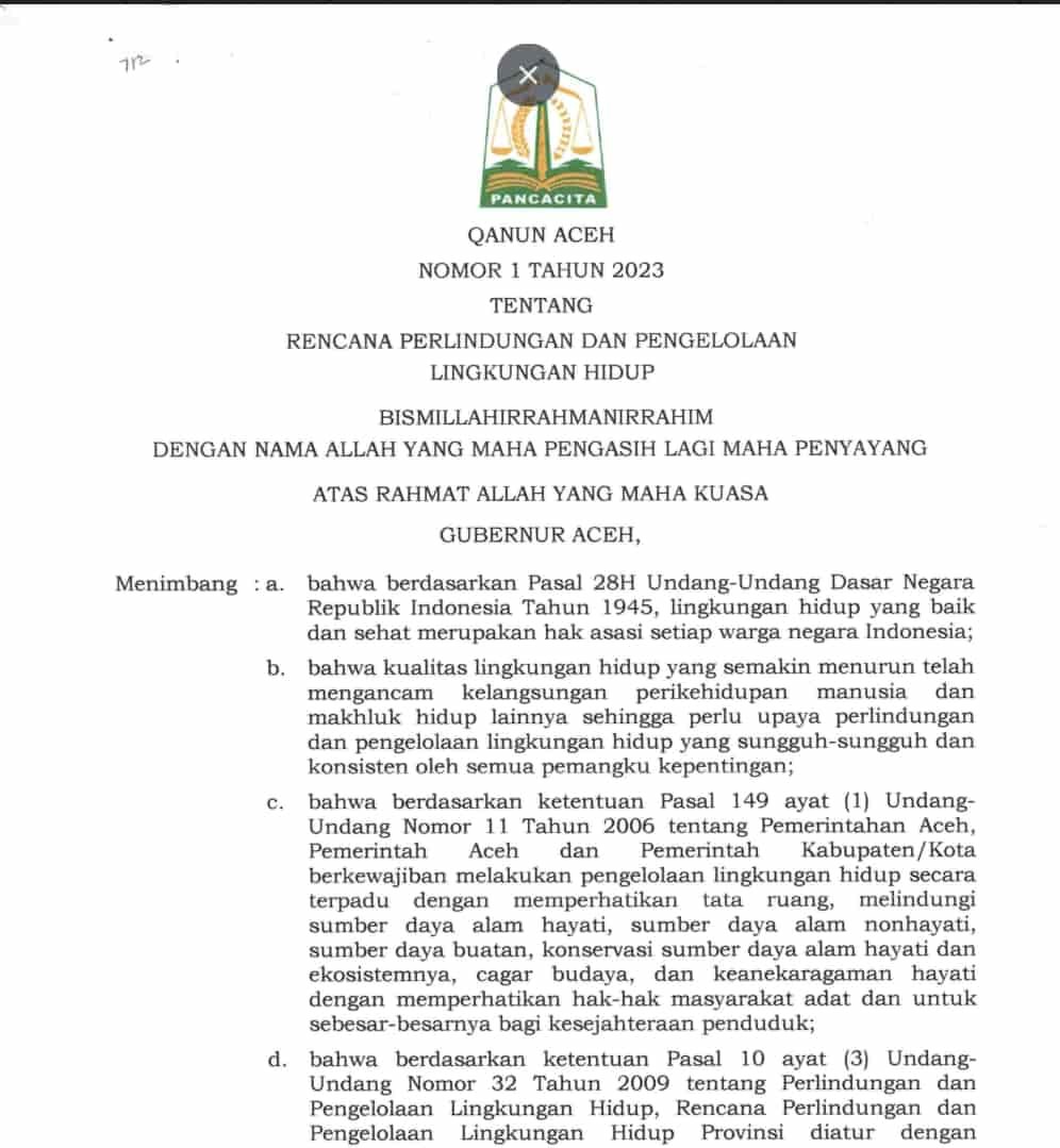 Cover of Aceh Qanun 1 of 2023 Aceh RPPLH